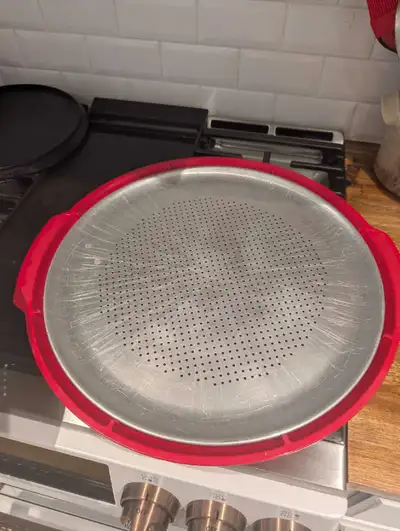 Perforated pizza pans and serving platter, View more