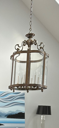 Antiqued brass and glass chandelier