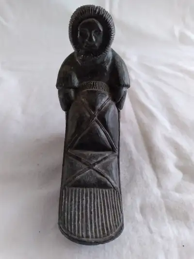 VINTAGE Wolf Original Hand Made Soapstone Eskimo with Dog Sled Sculpture Canada 5.25"T x 5"L x 1.50"...
