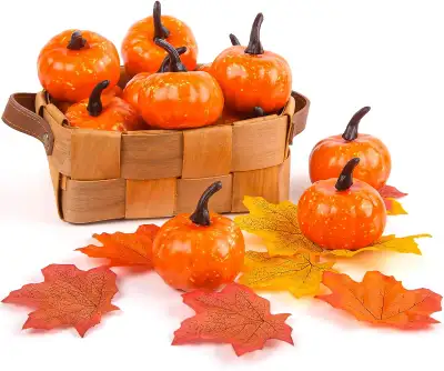 12 Pack Artificial Mini Fake Pumpkins with 30PCS Maple Leaves, View more
