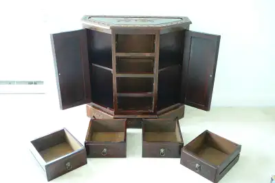 vintage, antique, carved wooden octagonal cabinet, View more