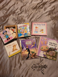 Kids books and wooden Minnie mouse toy