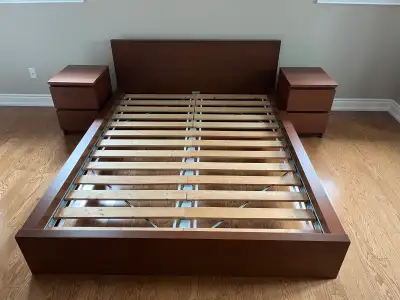 IKEA Queen Bed Frame + 2 Matching Nightstands – Good Condition, View more