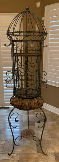 Wrought Iron and wicker liquor and wine storage unit