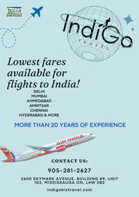 Cheap Air Tickets for India or anywhere in World...905-281-2627