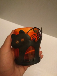 Halloween: black cat candle holder orange glass cup and beads