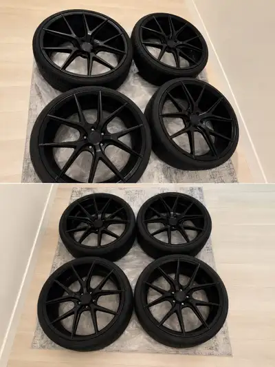 Selling a set of four black aftermarket wheels and tires. These have a stylish multi-spoke design. T...