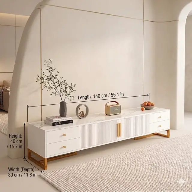 Modern White Marble Top TV Stand Console Gold Accents 140*30*40c in Hutches & Display Cabinets in Mississauga / Peel Region - Image 3