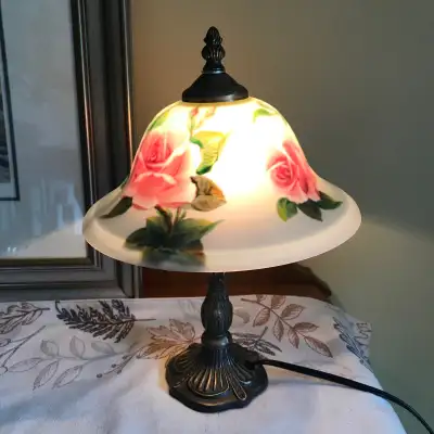 Bronze Tone Small Lamp with Hand Painted Roses Glass Shade, View more