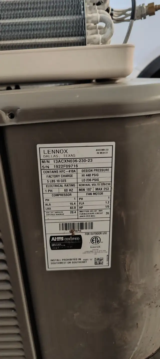 Used Air Conditioner Lennox 13ACXN036 (3 years old) in Heaters, Humidifiers & Dehumidifiers in Oshawa / Durham Region - Image 5