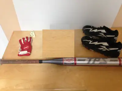 Nice used baseball softball equipment.  bat shoes glove x 2 more, View more