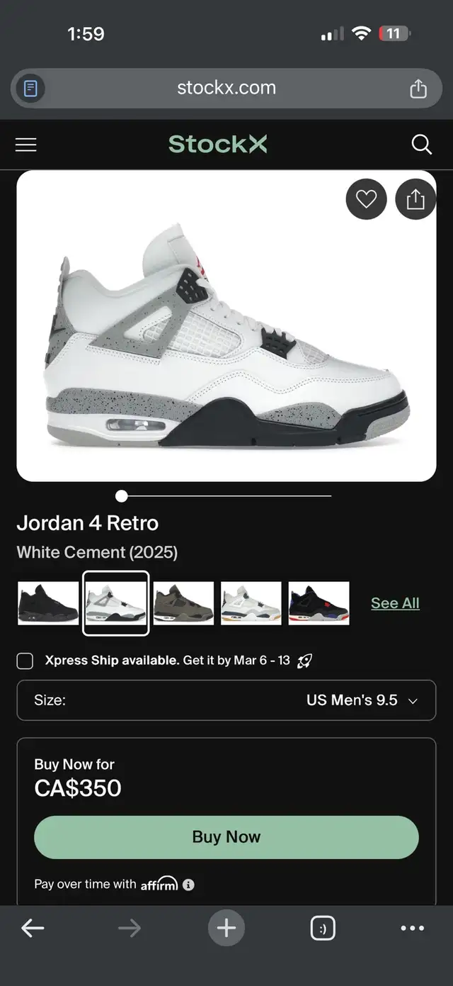 Jordan retro 4 white cements (2025) in Men's Shoes in Mississauga / Peel Region - Image 2