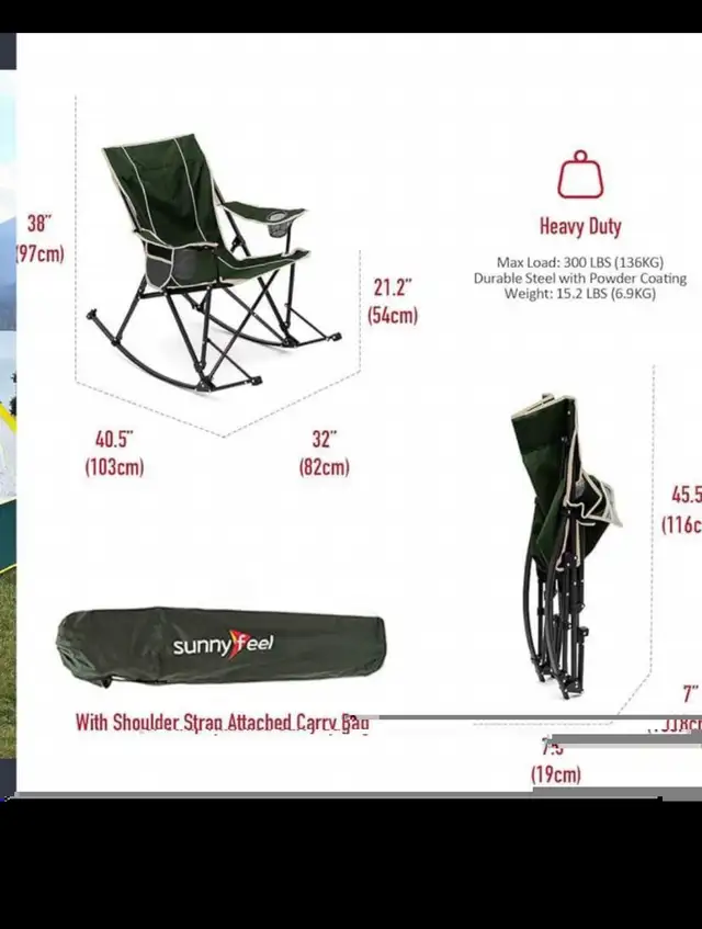 2* SunnyFeel Camping Rocking Chairs for Adults, Outdoor Folding  in Patio & Garden Furniture in Hamilton - Image 5