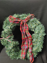Artificial Greenery Wreath with Red Plaid Bow