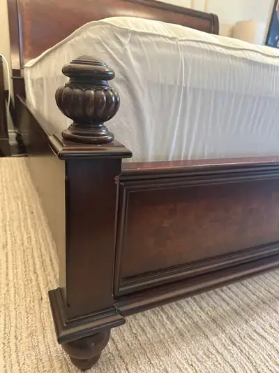 Bed - King size sleigh bed style bed. Real wood. Originally from the Bombay company. It's in great c...