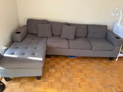 Grey L-Shaped Sectional Sofa with Chaise. Smoke/pet  free, View more