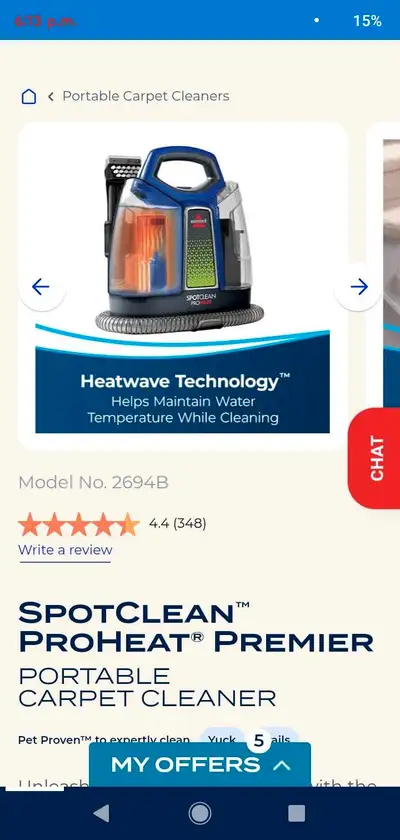 Clean up messes quickly with this Bissell SpotClean ProHeat Premier portable carpet cleaner, model 2...