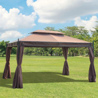10x13ft Garden Gazebo Double-Tiered with Curtain Outdoor Shelter
