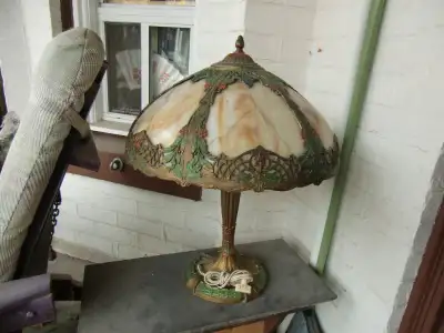 Antique 1930's Tiffany Table Lamp, 18" wide, 22" high, very heavy brass, some sealed cracked glass,...