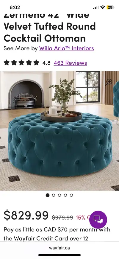 Zermeno 42” French Velvet Tufted  Ottoman, View more