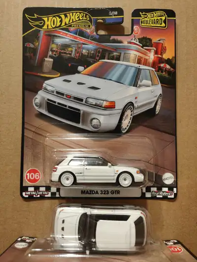 New Hot Wheels Premium Boulevard #106 Mazda 323 GTR hatchback 1/64 diecast car with Real Riders $12...