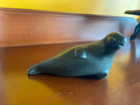 Vintage Canadian Inuit Numbered Green Soap Stone Carved Walrus