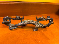 Vintage Bronze Double Fighting Dragons Calligraphy Brush Rest