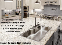 (NEW) Kitchen Sink 33”x 22”x 8” Rectangular Single Bowl 3 Hole