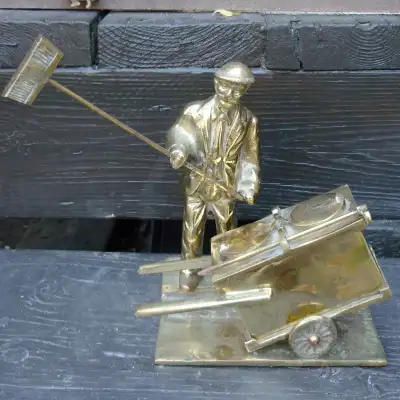 Vintage Solid Brass Diorama Sculpture of Street Cleaner Janitor, View more