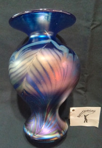 Arte Vargas Hand Blown Glass Signed Blue/Gold Footed Vase