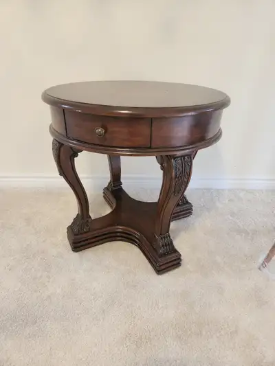 Round Inlay Top Side Table with Drawer, View more