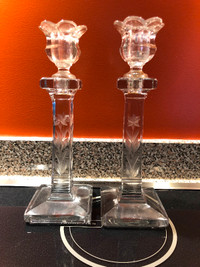 Antique Pair of Etched Glass 10 Inch Candle Sticks 19th Century