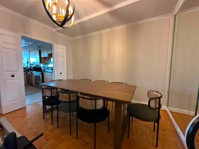 Modern Wood Dining Table with 8 Cane Back Chairs, View more