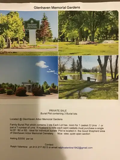 Glenhaven Arbor memorial lots  for sale regular cost $5000, View more