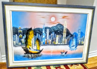 HONG KONG SCENERY PAINTING ON CANVASS WITH WOODEN FRAME