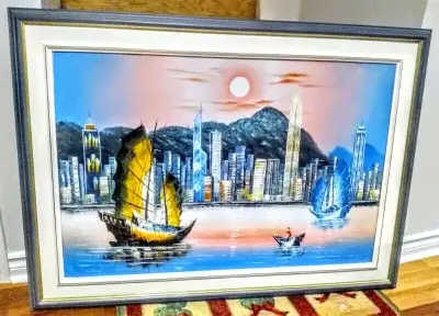 HONG KONG SCENERY PAINTING ON CANVASS WITH WOODEN FRAME, View more