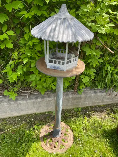 Vintage Aluminum and Cast Iron Gazebo Standing Bird Feeder, View more