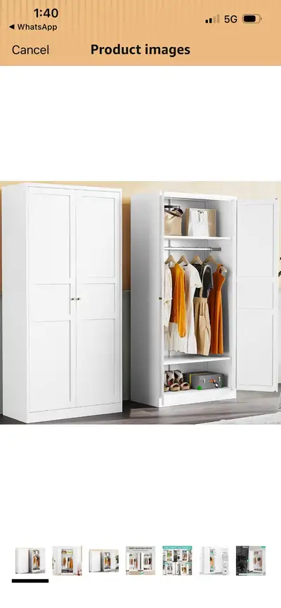 Metal Wardrobe Cabinet with Hanging Rod,White Armoire Wardrobe , View more