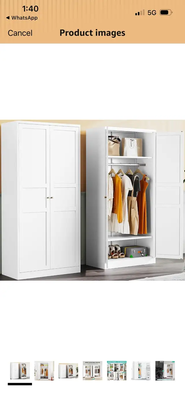 Metal Wardrobe Cabinet with Hanging Rod,White Armoire Wardrobe  in Dressers & Wardrobes in Mississauga / Peel Region - Image 2