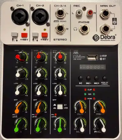 Debra V4 4 Channels Audio Mixer With Bluetooth USB 48V Phantom Power Delay Repaeat Effect For Sound...