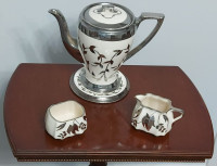 VINTAGE SANDLAND WARE HAND-PAINTED SILVER LUSTRE 5-PC COFFEE SET