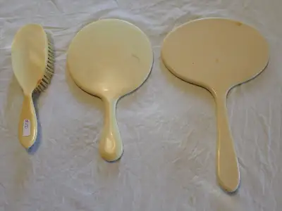 3 Celluuliod  Collectable Beveled Hand Held  Mirrors and 1 Brush, View more