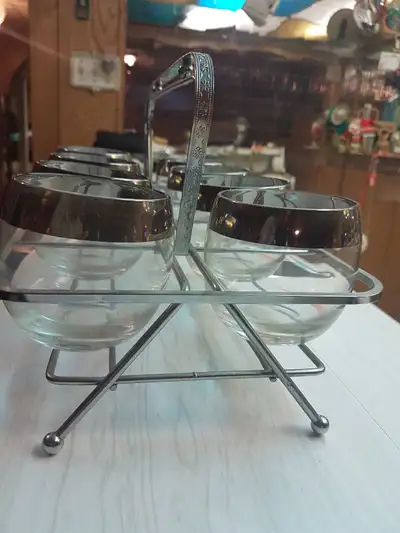 Set of vintage rolypoly glasses with cradle, View more