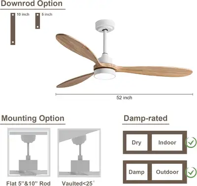 GESUM 52" Wood Ceiling Fan with Light, 6-Speed Remote, 3 Color T, View more