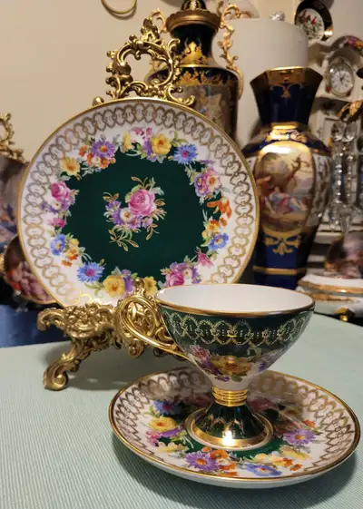 Luxury Vintage Bavaria RW Porcelain Trio Set - Rich Green & Gold, View more