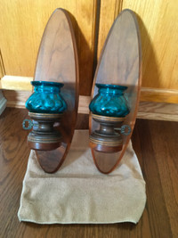 2 Vintage Wooden Wall Candle Scones & Blue Glass Candle Holders