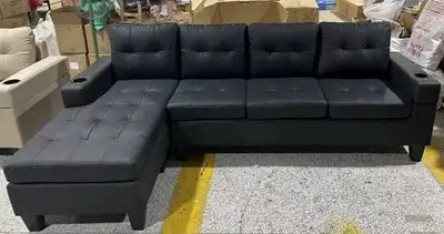 Black Leather 4-Seater Sectional with Cup Holders, View more