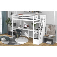 Twin Size Wood Loft Bed with Storage Staircase and Built-in Desk