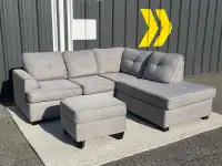 Free Delivery  Grey L shape sectional sofa couch with ottoman 