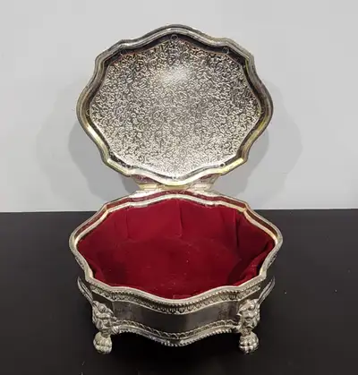Silver Plated Jewelry Box, Trinket Box, Claw Feet, Red Velvet Lining, Great for Boudoir. Storing Jew...